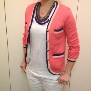 Chic Coral Cardigan with Navy Accents